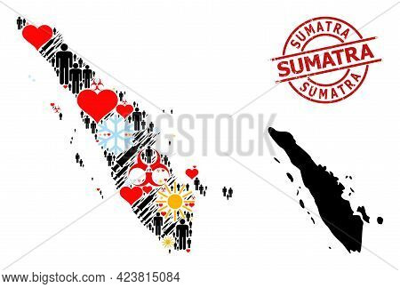 Grunge Sumatra Stamp Seal, And Sunny Customers Vaccine Collage Map Of Sumatra Island. Red Round Seal