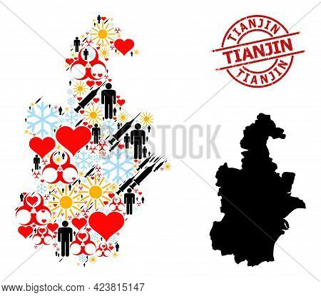 Grunge Tianjin Badge, And Sunny Patients Virus Therapy Collage Map Of Tianjin Municipality. Red Roun