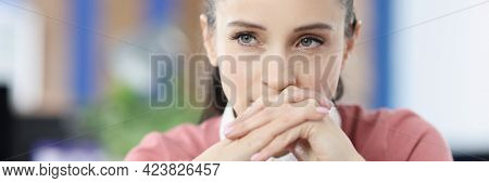 Portrait Of Young Beautiful Brunette Woman At Workplace