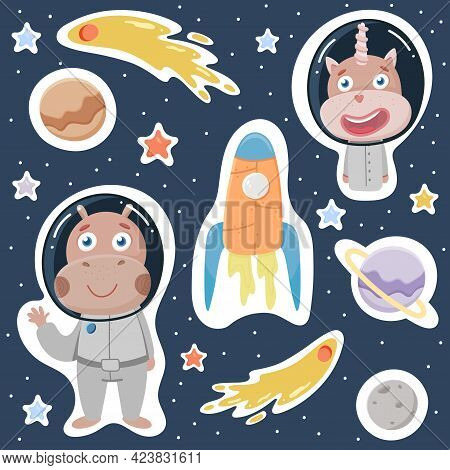 Large Space Set. Distant Planets, Stars, Hippo And Unicorn. Vector Cartoon Character In Simple Hand-