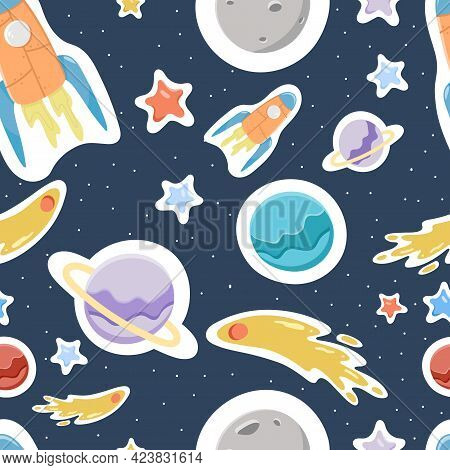 Seamless Pattern With Planets, Rockets, Outer Space. Ideal For Decorating Nursery And Printing On Ba