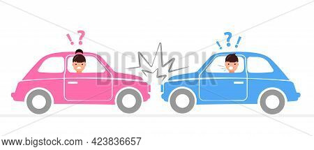 Car Accident. Damaged Autos. Man And Woman Are Angry And Scared. Automobile Damage And Crash On Road