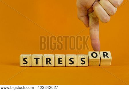 Stress And Stressor Symbol. Businessman Turns Cubes, Changes Words 'stress' To 'stressor'. Beautiful
