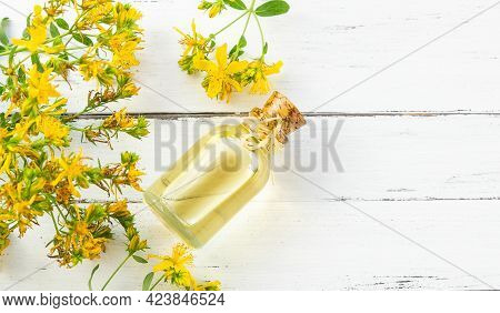 Glass Bottle Of St. John\'s Wort Essential Oil With Flowers, Alternative Medicine