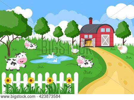 Cute Cartoon Farm Animals Vector Illustration With Cow, Horse, Chicken, Duck, Or Sheep. For Postcard