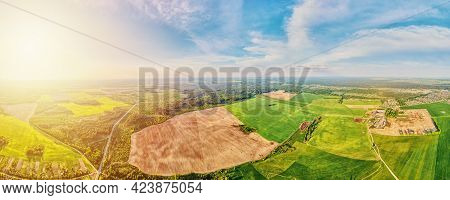 Aerial View Of Agricultural And Green Fields In Countruside. Nature Landscape In Summer Day, Panoram