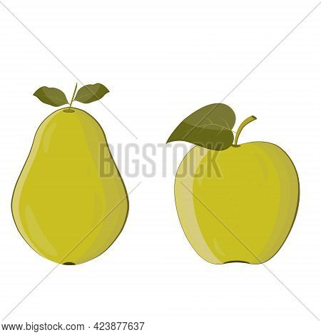 Yellow Pear And Yellow Apple Isolated On White Background, Icons, Vector Illustration