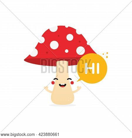 Cute Cartoon Style Smiling Mushroom Character With Dotted Red Cap And Speech Bubble Saying Hi, Hello