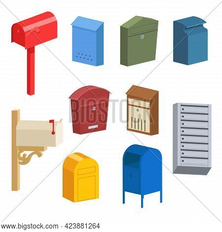 Different Vintage And Modern Postboxes Vector Illustrations Set. Standing Mailboxes, Wall Mounted Le