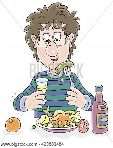 Funny Young Man With Disheveled Hair, Drinking A Glass Of Wine And Having Dinner, Vector Cartoon Ill