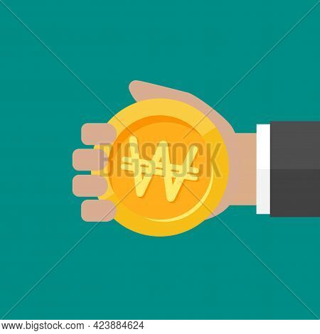 Hand With Korean Won Coin. Vector Flat Illustration On Blue. Give, Receive, Take, Earn Money. Financ