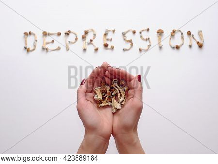 Microdosing Concept. Dry Psilocybin Mushrooms On White Background. Remedy Of Depression. Scientific 