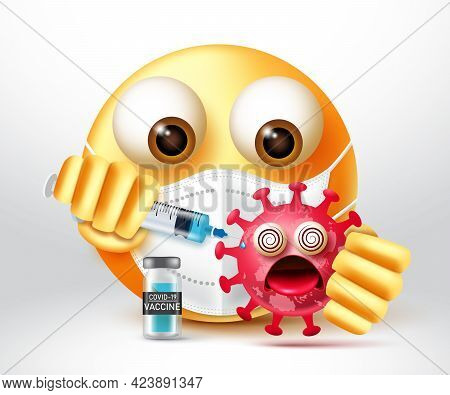 Emoji Covid-19 Vaccine Vector Design. Emoticons 3d Character Killing Virus By Injecting Vaccine For 