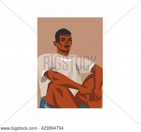 Hand Drawn Vector Flat Abstract Stock Graphic Illustration With Young Happy, In Summer Outfit, Afric