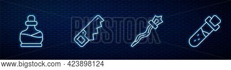 Set Line Magic Staff, Bottle With Potion, Hand Saw And . Glowing Neon Icon On Brick Wall. Vector