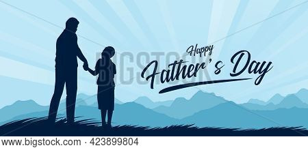 Happy Father's Day With Silhouette Father And Son Holding Hands And Looking At Each Other In The Mou