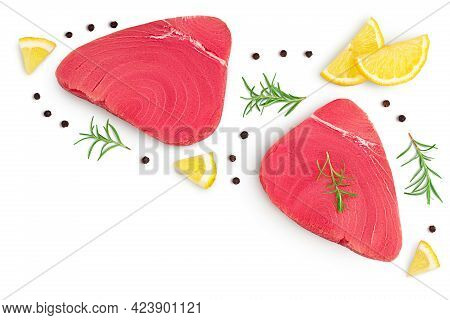 Fresh Tuna Fish Fillet Steak Isolated On White Background With Clipping Path. Top View With Copy Spa