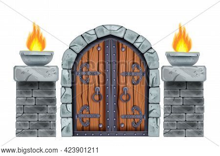 Castle Wooden Gate, Vector Medieval Dungeon Entrance, Stone Arch, Brick Pillars, Fire, Iron Handle. 