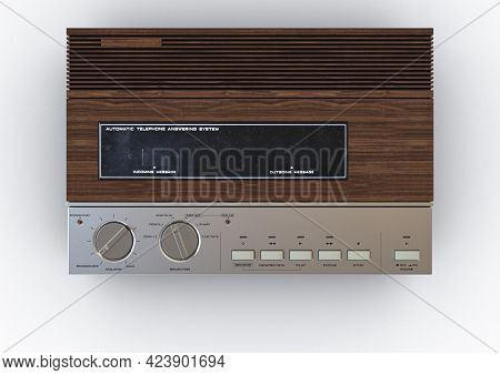 A Vintage Analogue Answering Machine For The 80's Made Of Wood And Chrome On An Isolated White Backg