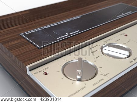 A Vintage Analogue Answering Machine For The 80's Made Of Wood And Chrome On An Isolated White Backg