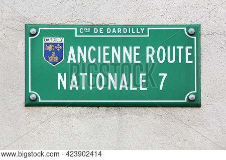Dardilly, France - June 27, 2020: Signboard With Ancient Route Nationale 7 In France