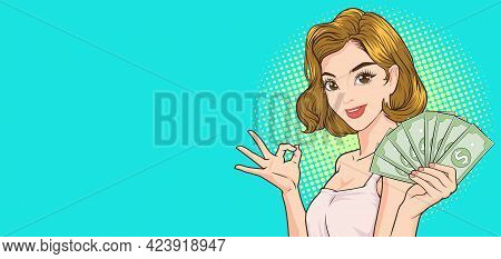 Woman Okay Gesture Showing Money And Copy Space For Banner Pop Art Retro Comic Style