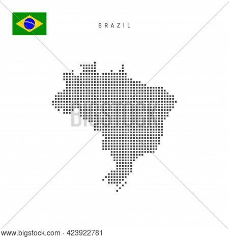 Square Dots Pattern Map Of Brazil. Brazilian Dotted Pixel Map With National Flag Isolated On White B