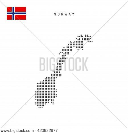 Square Dots Pattern Map Of Norway. Norwegian Dotted Pixel Map With National Flag Isolated On White B