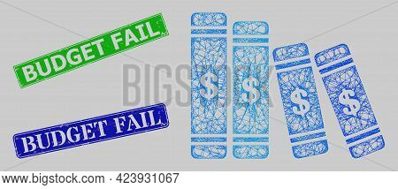 Wireframe Crossing Mesh Accounting Books Model, And Budget Fail Blue And Green Rectangle Dirty Stamp