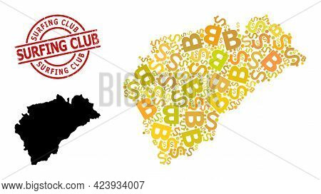 Distress Surfing Club Stamp Seal, And Financial Collage Map Of Segovia Province. Red Round Seal Cont