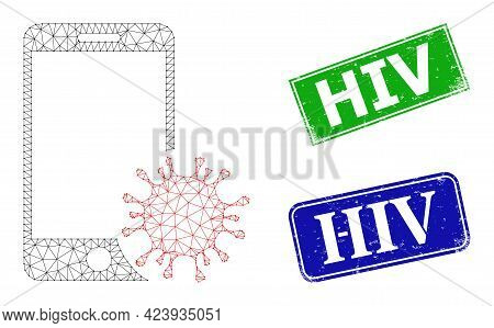 Polygonal Infected Smartphone Image, And Hiv Blue And Green Rectangle Grunge Badges. Polygonal Wiref