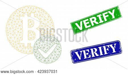 Mesh Valid Bitcoin Model, And Verify Blue And Green Rectangular Corroded Stamps. Mesh Carcass Illust
