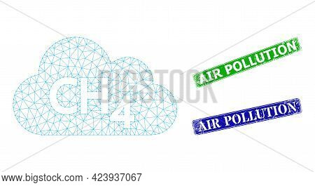 Net Methane Gas Image, And Air Pollution Blue And Green Rectangular Textured Stamp Seals. Polygonal 