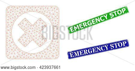 Triangular Terminate Image, And Emergency Stop Blue And Green Rectangle Dirty Stamp Seals. Mesh Wire