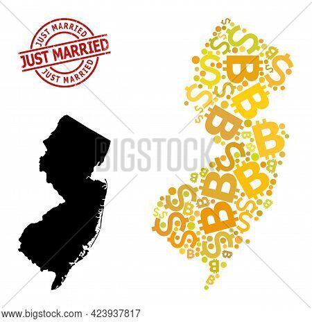 Scratched Just Married Stamp Seal, And Money Collage Map Of New Jersey State. Red Round Stamp Includ