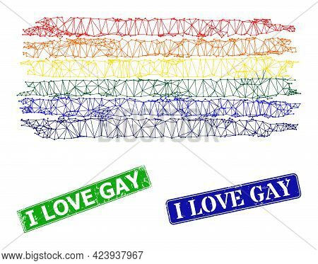 Triangular Lgbt Flag Image, And I Love Gay Blue And Green Rectangular Scratched Stamp Seals. Mesh Wi