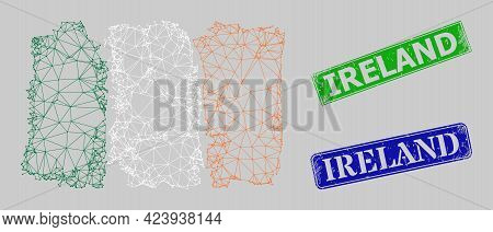 Network Irland Flag Image, And Ireland Blue And Green Rectangle Unclean Stamp Seals. Mesh Carcass Im
