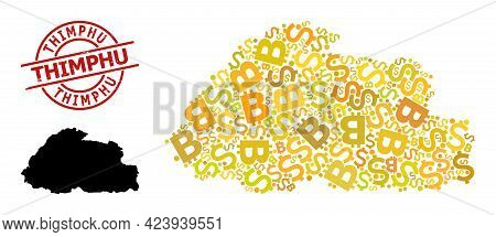 Scratched Thimphu Badge, And Banking Collage Map Of Bhutan. Red Round Badge Has Thimphu Tag Inside C