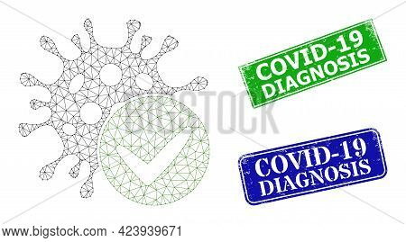 Polygonal Confirmed Coronavirus Model, And Covid-19 Diagnosis Blue And Green Rectangular Grunge Seal