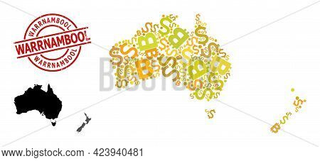 Textured Warrnambool Badge, And Currency Mosaic Map Of Australia And New Zealand. Red Round Badge Ha