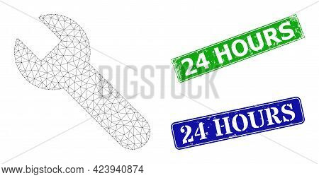 Triangular Wrench Image, And 24 Hours Blue And Green Rectangle Scratched Stamp Seals. Mesh Carcass I