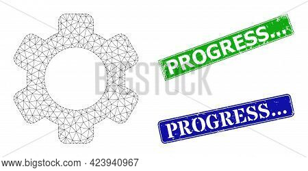 Triangular Gear Image, And Progress... Blue And Green Rectangle Scratched Stamp Seals. Polygonal Wir