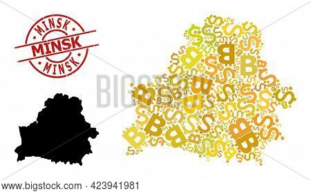Distress Minsk Stamp Seal, And Bank Collage Map Of Belarus. Red Round Stamp Seal Contains Minsk Titl