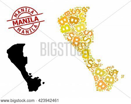 Textured Manila Stamp Seal, And Money Collage Map Of Boracay Island. Red Round Stamp Seal Includes M