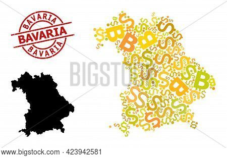 Textured Bavaria Seal, And Money Mosaic Map Of Bavaria State. Red Round Stamp Seal Contains Bavaria 