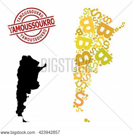 Scratched Yamoussoukro Stamp Seal, And Money Collage Map Of Argentina. Red Round Stamp Seal Contains