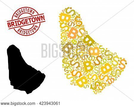 Rubber Bridgetown Badge, And Bank Mosaic Map Of Barbados. Red Round Badge Contains Bridgetown Tag In