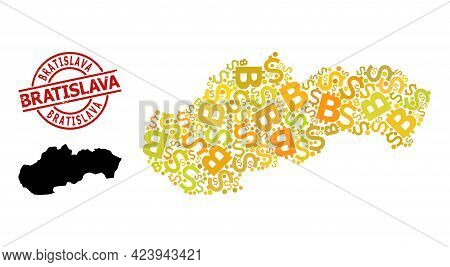 Textured Bratislava Stamp, And Currency Collage Map Of Slovakia. Red Round Stamp Seal Contains Brati