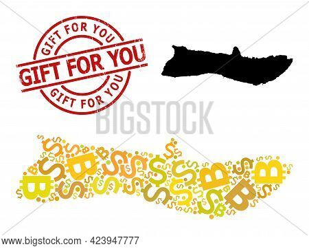 Scratched Gift For You Stamp Seal, And Finance Mosaic Map Of Molokai Island. Red Round Stamp Seal Ha