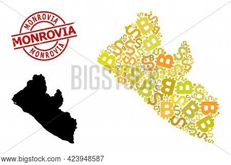 Distress Monrovia Stamp, And Currency Collage Map Of Liberia. Red Round Stamp Contains Monrovia Capt